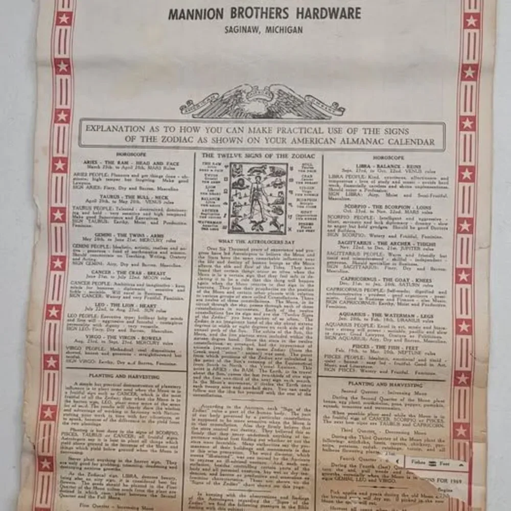 Vintage 1969 Mannion Brothers Hardware Calendar